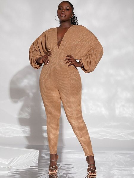 

sxy plus backless batwing sleeve glitter jumpsuit t5an#, Black