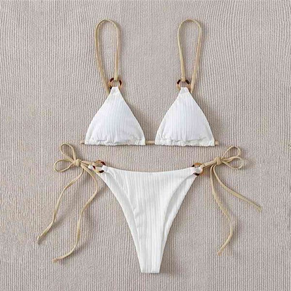 

2022 bikini set cute white plain ring linked spaghetti strap triangle thong biquini swimsuit women bathing suit b0, White;black