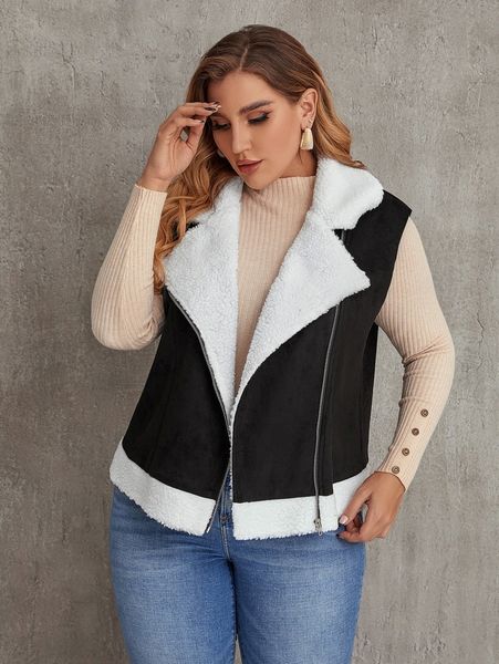 

plus teddy lined zip up suede vest jacket c3fw#, Black