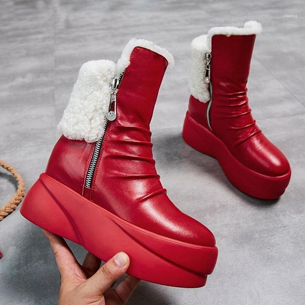 

boots bottes femme snow women winter shoes genuine leather sheep fur wedges increasing mid-calf mujer11, Black