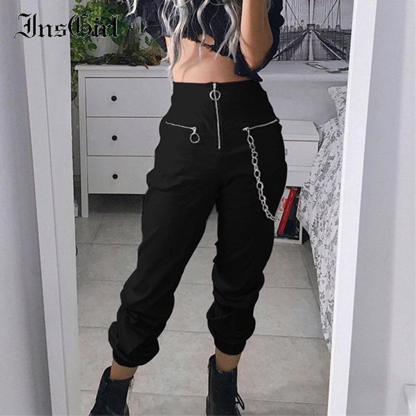 

women's pants & capris insgirl gothic punk street zipper high waist loose cargo with chian harajuku grunge dark black casual trousers f, Black;white