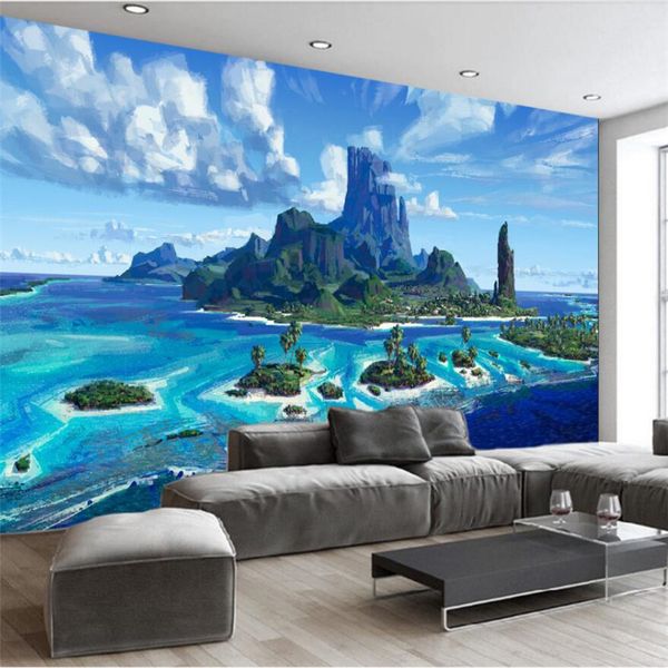 

customize seaside coconut oil painting decorative mural wallpaper custom large mural green wallpaper