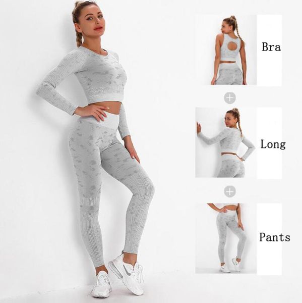 

huanwei 3pcs long sleeve crop yoga set bra high waist fitness sports suit outfits, White;red