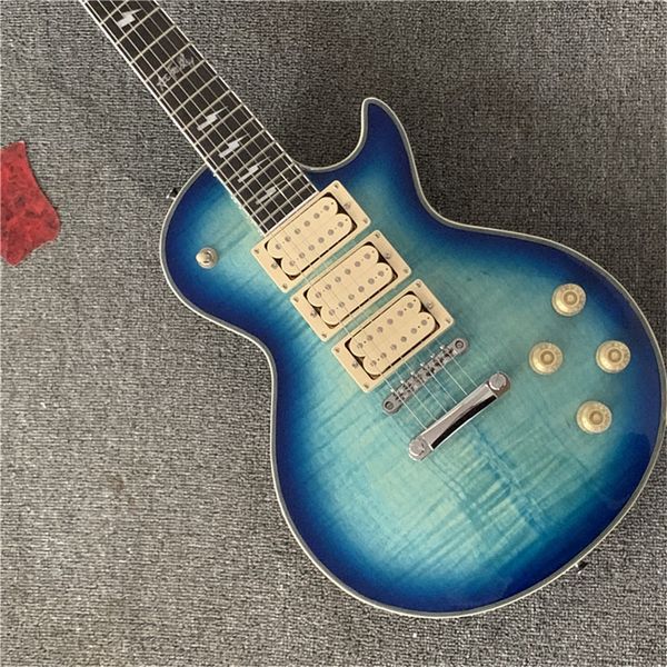 

blue electric guitar and 3 pickups, mahogany fretboard guitar,