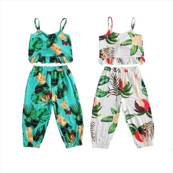

summer 2 7y fashion kids girls clothes sets 2pcs flowers print sleeveless vest elastic romper long pants, White