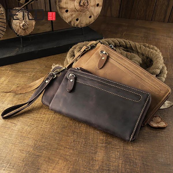 

crazy horse leather long wallet, retro multi-card bag, men's large-capacity zipper phone bag wallets, Red;black