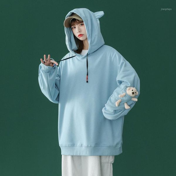 

plus size t-shirt hoodies women autumn soft casual loose fashion korean hooded cute solid sweet female mujer de moda hoody high street, Black