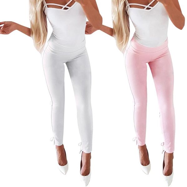 

women solid color pencil pants leggings woman back cross-strap trousers with two pockets casual style women's & capris, Black;white