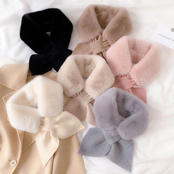 

scarves solid color peach heart cross for women korea knitting wool scarf plush long faux fur collar neck warmer 85cm, Blue;gray