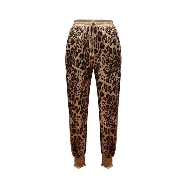 

women leopard printed casual pants elastic waist side-stripe lightweight trouser women's & capris, Black;white