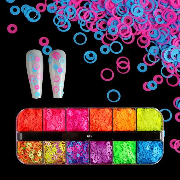 

nail art decorations fluorescent slim color hollow circle glitter sequin decoration mixed size round neon patch polish accessories, Silver;gold