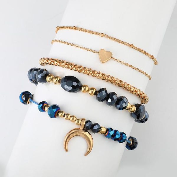 

link, chain beaded love moon horn pendant combination bracelet five-piece set for women jewelry gift mujer pulseras #4j06, Black