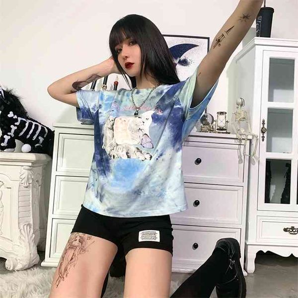 

artsu womens t shirt harajuku cute cats tie dye short sleeve summer streetwear casual oversize 2021 tee asts52113, White