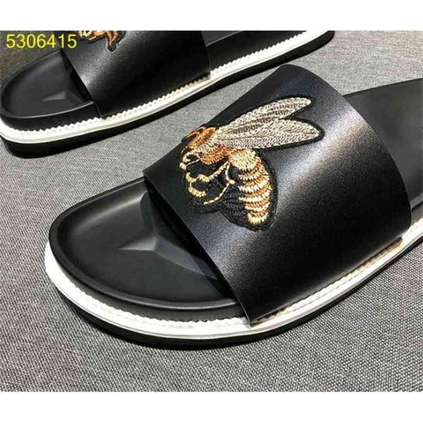 

mens drag slide real leather flip flops snake bees embroidery lazy men slippers beach sandals 38-44 yw yw, Black