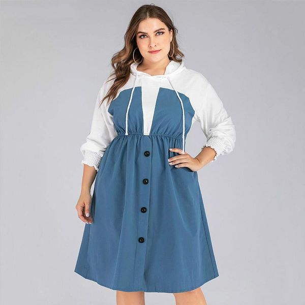 

casual dresses 4xl 5xl spring large size women dress elastic waist loose hooded buttons autumn female long sleeve plus, Black;gray