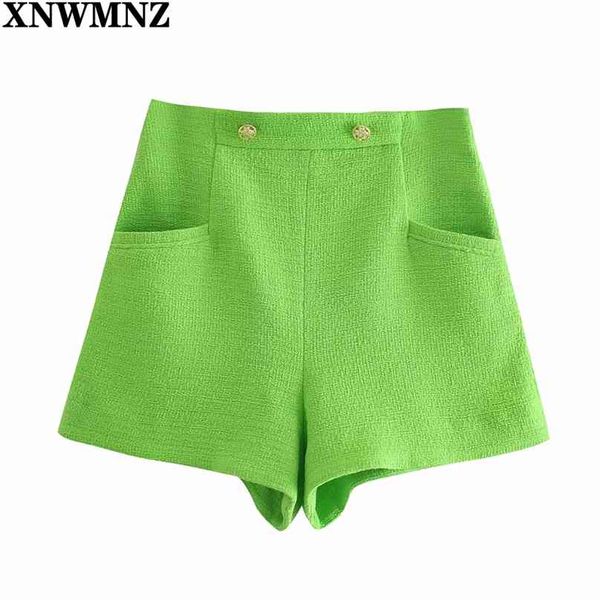 Bermuda testurizzati moda donna verde con bottoni Bermuda donna a vita alta pantaloncini con zip laterale invisibile Pantaloni corti chic 210520