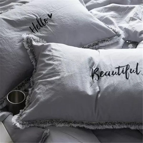 

pillow case 48x74cm white/pink/grey 100% washed cotton embroidery hello beautiful letter pillowcase tassel cover bedroom