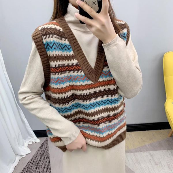 

sleeveless knitted vest women 2021 spring striped jacquard knit sweater preppy style v-neck loose for students women's sweaters, White;black