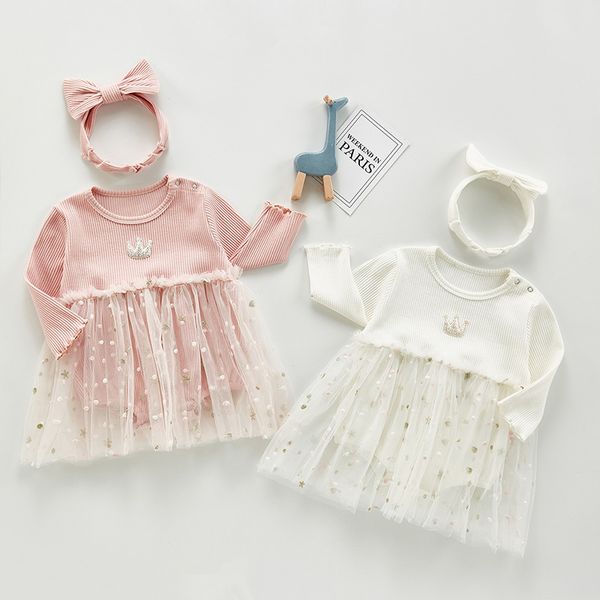 Baby Girl Crown Stampa Princess Dress Pagliaccetto Autunno Abiti carini nati Festa di compleanno 210515