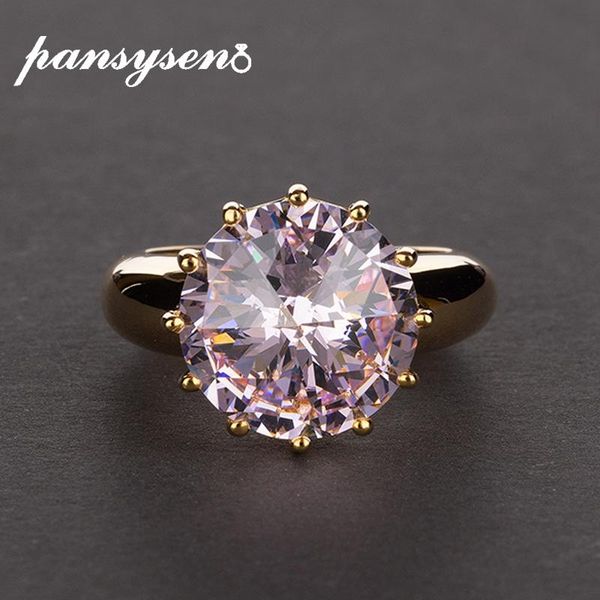 

cluster rings pansysen luxury gold color 12x12mm round 12ct pink white yellow sapphire wedding solid 925 sterling silver ring for women, Golden;silver
