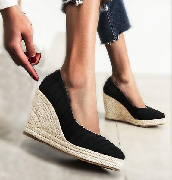 

dress shoes lihuamao british style pointed toe women high heel platform ankle strap slip on pumps office ladies wedges, Black