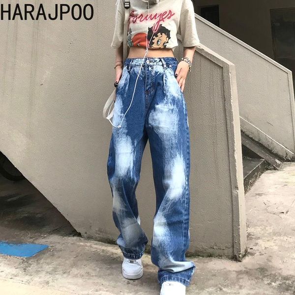 

women's jeans harajpoo women pants high street summer korean ins bleaching dyeing loose waist thin wide leg straight trousers tide, Blue