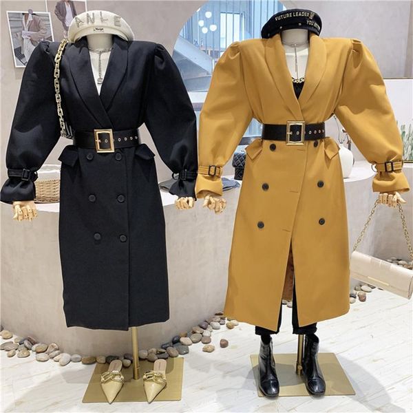 

women's trench coats clothing 2021 autumn temperament medium and long double-breasted jacket sleeve windbreaker with belt, Tan;black