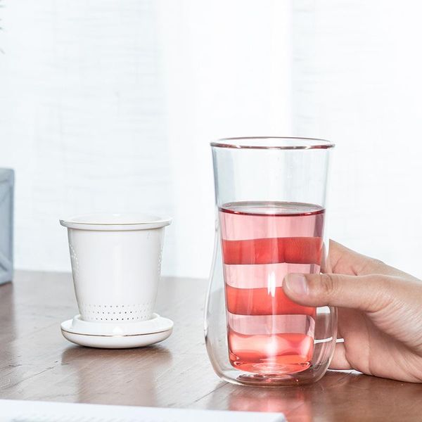 

300ml ceramic mug glass with double walls household flower tea cup outdoor portable cover filter kitchen gadgets wine glasses