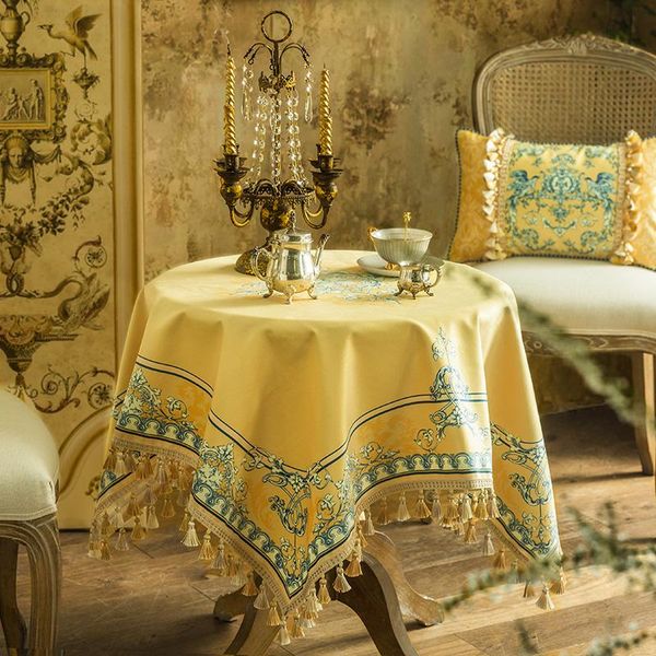 

noble and elegant round tablecloth europe heavy tassel printed pattern table cloth dinner kitchen home decora flower bird yellow