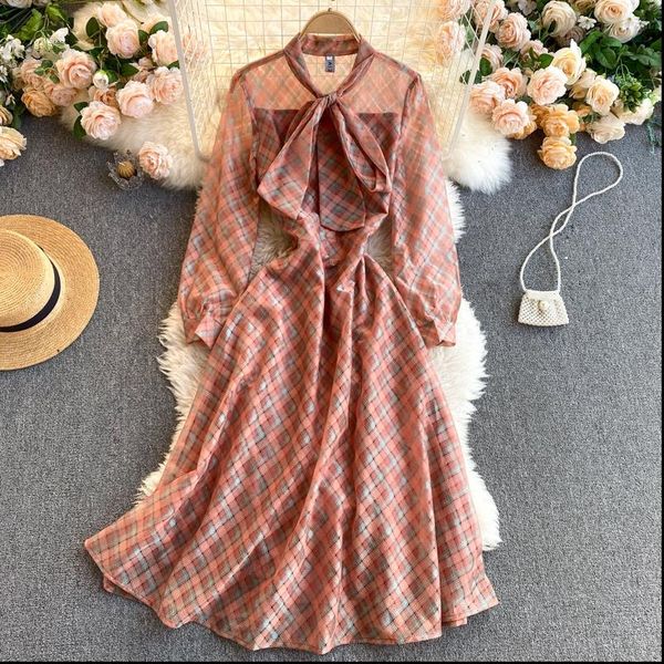 

womens dress spring and summer plaid vintage elegant ladies long sleeved bow bandage dresses femme robe korean style, Black;gray