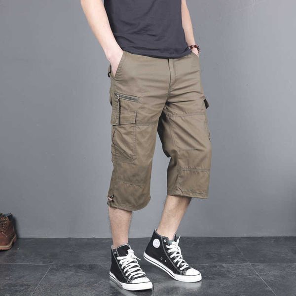 

summer men's baggy multi pocket cargo straight shorts breeches male long army green khaki mens loose short plus size s-5xl 210714, White;black