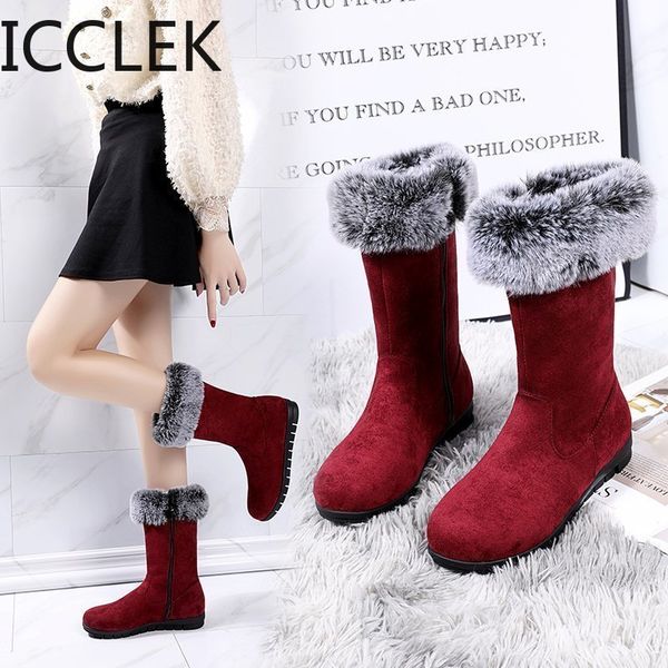

new winter women boots casual warm fur mid-calf boots shoes women slip-on round toe wedges snow boots shoes muje plus 210428, Black