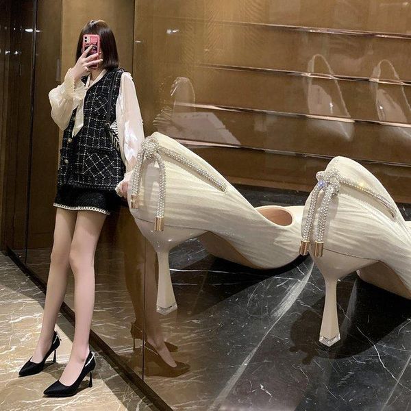

beige high heels comfortable high-heeled shoes shallow mouth slip on 2021 sandals ladies pointed pumps lace-up 12cm casual slip- dress, Black