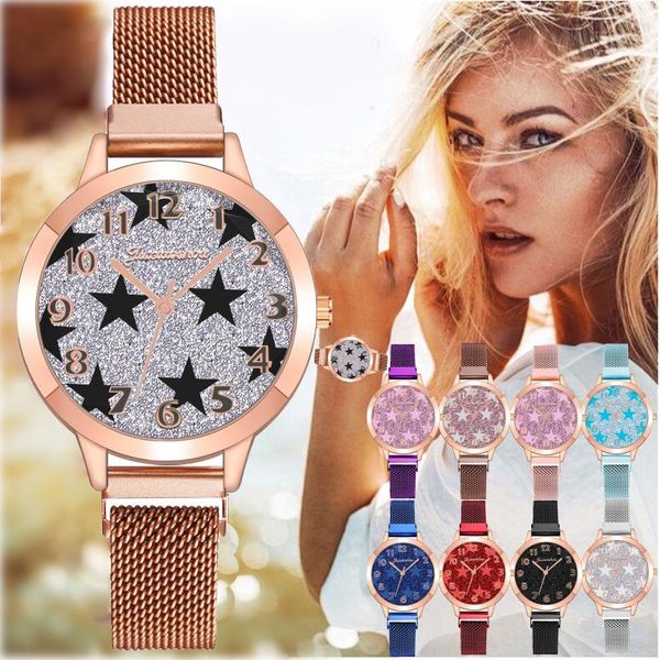 

wristwatches luxury womens wrist watch magnet business gold stainless steel frosted five-pointed star arabic digital dial ladies quartz, Slivery;brown