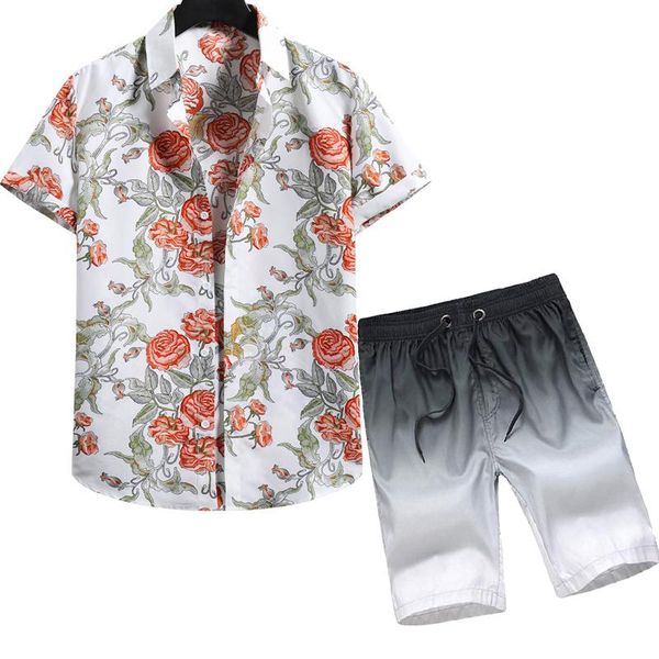 

men's beachwear suit summer hawaiian short-sleeved tropical print shirt and beach shorts casual two-piece, White;black