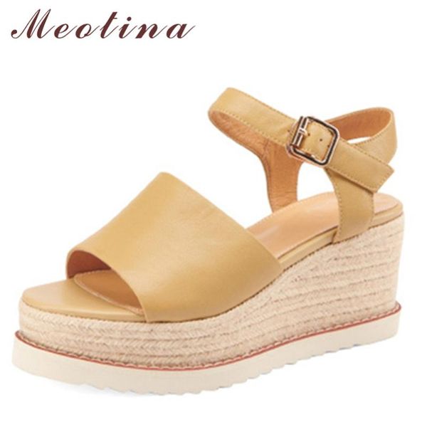 

dress shoes meotina women sandals genuine leather high heel platform wedges sheepskin buckle ladies footwear summer beige 40, Black