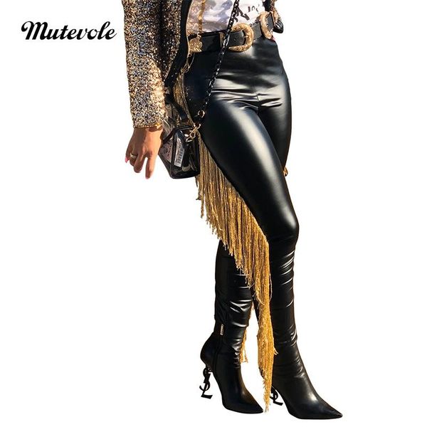 

women's pants & capris mutevole patchwork gold tassel women skinny faux leather party fashion high waist back zipper pocket, Black;white