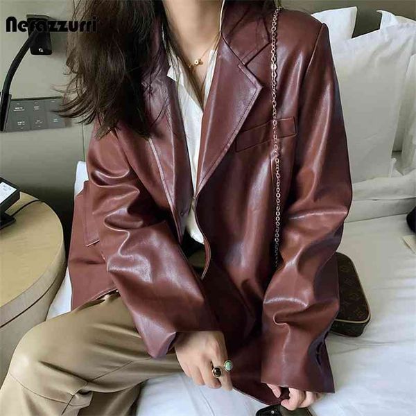 

nerazzurri black oversized leather blazer women long sleeve soft light spring jacket women coat fashion autumn drop 210923