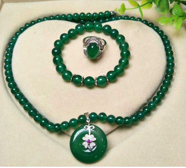 

bracelet, earrings & necklace 925 silver natural green jade pith with ring stud set, Black