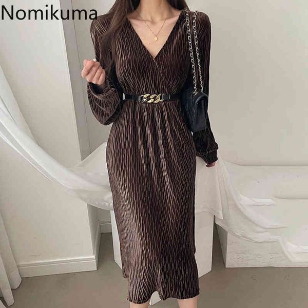 

nomikuma elegant v-neck women dress belt slim waist long sleeve vestidos femme spring new korean pleated dresses 6f206 210427, Black;gray