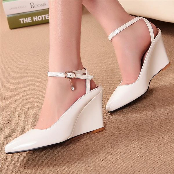 

dress shoes fashion wedge sandals for women ankle straps gladiator 2021 summer pointed toe white red gold, Black