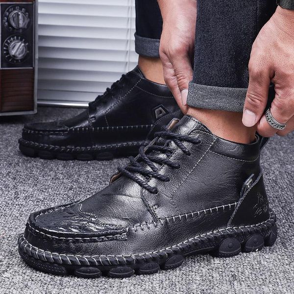 

boots men's composite sole casual split leather shoes lace up outdoor designer comfortable handmade sewing ankle men, Black