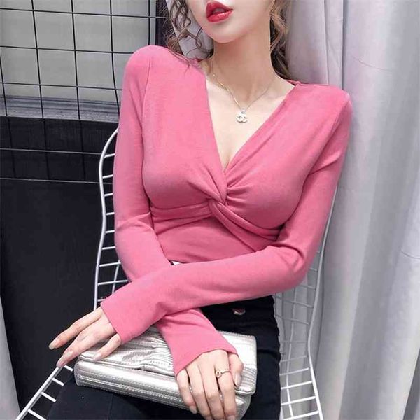 

spring autumn women's solid color twisted v-neck long-sleeved koreanstyle slimming female bottoming ll223 210506, White