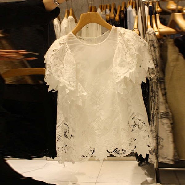

summer short-sleeved o neck lace hollow out white womens 210615