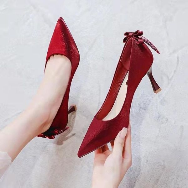 

sandals four seasons pointed high heels pump women's shoes satin bow, Black