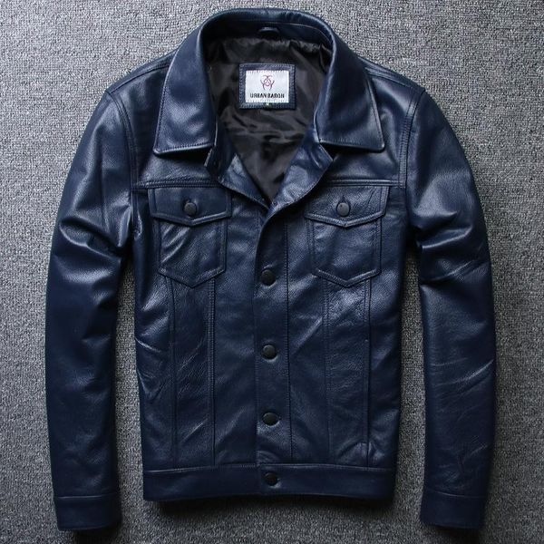 

men's leather & faux slim fit blue jacket with two pockets fashionable denim shirt stylish cow men cost for, Black