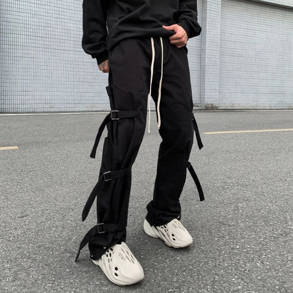 

men's hip hop straight leg drawstring pants overalls lace up ripsloose trousers hiking regular fit high street casual pant yc, Black