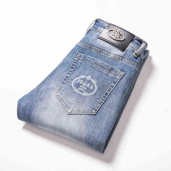 

and spring summer men's jeans korean embossed nostalgic small feet slim international high-end, Blue