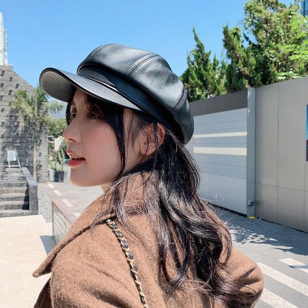 

stingy brim hats 2021 pu leather beret hat solid female autumn winter korean student cute wild round british style octagonal pumpkin cap, Blue;gray