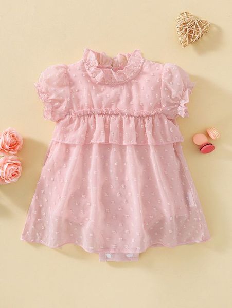 

baby swiss dot frill trim puff sleeve combo bodysuit dress she, Red;yellow